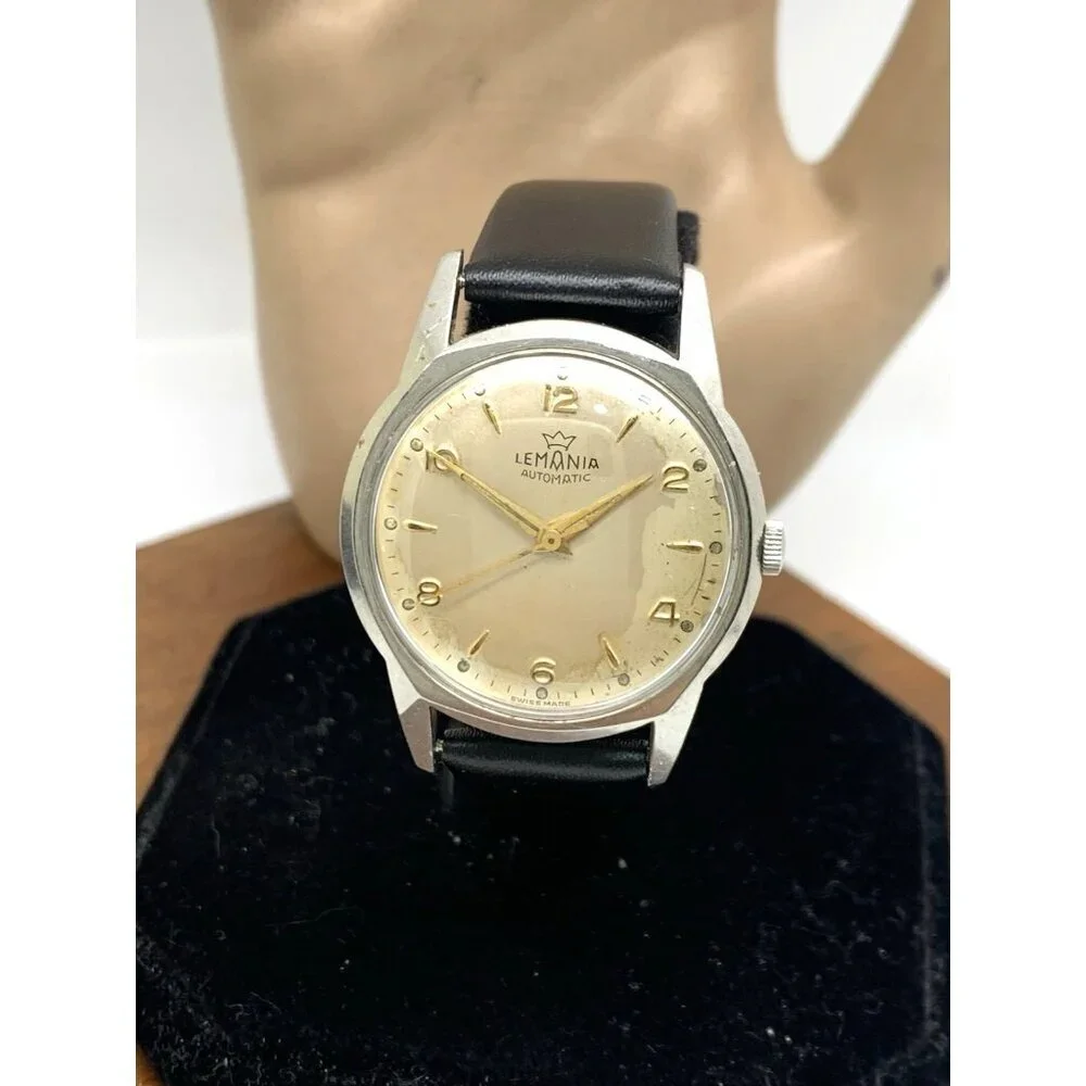 Lemania Men's Watch Vintage 9101 Swiss Automatic Silver Dial Leather Strap 32mm